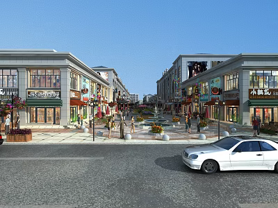 Vibrant Commercial Street With Modern Buildings Storefronts Pedestrians And White Car 3d model