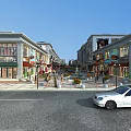 Vibrant Commercial Street With Modern Buildings Storefronts Pedestrians And White Car