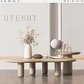 Modern Wooden Coffee Table with White Vase Dried Flowers and Small Round Side Table