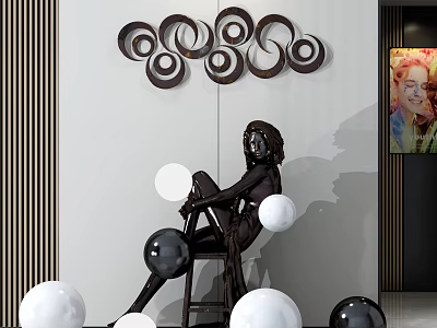 Black Sculpture with Spiral Wall Decor Seated on Chair Surrounded by White and Black Spheres 3d model