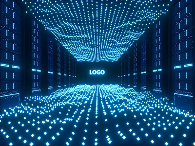 Futuristic Tech Space With Blue Lighting LOGO Server Racks And Glowing LED Lights 3d model