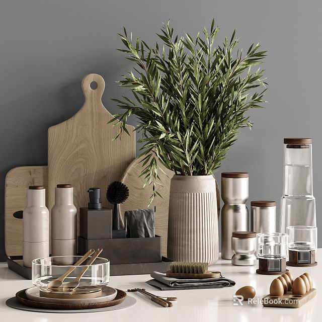 Modern Kitchen Utensils On Countertop With Wooden Cutting Boards Metal Canisters And Green Plant 3d model 
