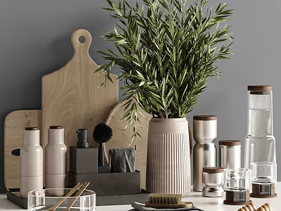 Modern Kitchen Utensils On Countertop With Wooden Cutting Boards Metal Canisters And Green Plant 3d model