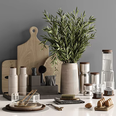 Modern Kitchen Utensils On Countertop With Wooden Cutting Boards Metal Canisters And Green Plant 3d model