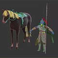 Medieval Armored Warrior With Helmet Spear And Cloak Standing Beside Gray Horse With Green Saddle
