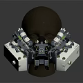 Futuristic Mechanical Robotic Headgear Featuring Black Head Model Blue White Components Green Accents