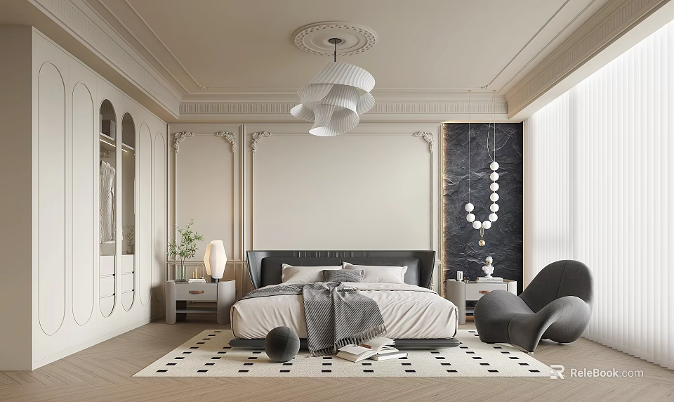 Elegant Modern Bedroom Interior Design With Dark Headboard Black White Geometric Rug And Pendant Light 3d model 