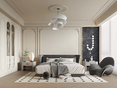 Elegant Modern Bedroom Interior Design With Dark Headboard Black White Geometric Rug And Pendant Light 3d model