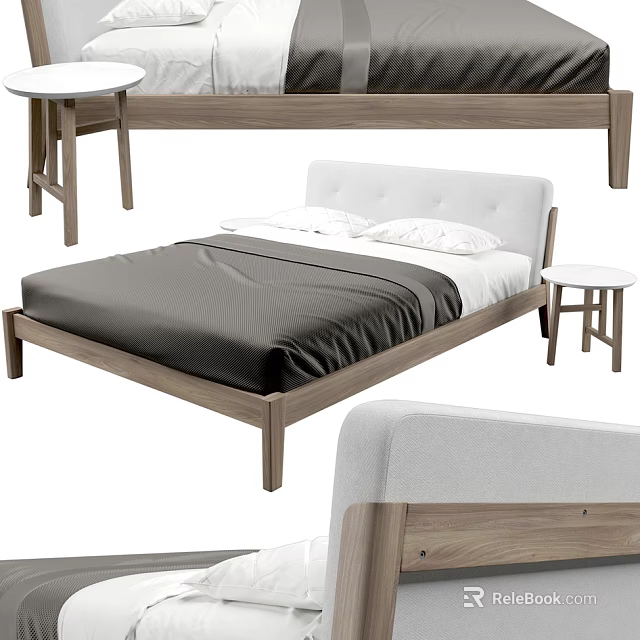 Modern Double Bed With Wooden Frame Dark Bedspread And White Upholstered Headboard 3d model 
