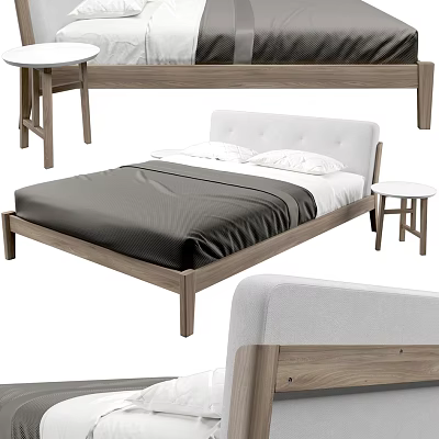 Modern Double Bed With Wooden Frame Dark Bedspread And White Upholstered Headboard 3d model