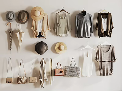 Fashionable Clothes Hanging On Wall With Various Hats Bags And Umbrellas 3d model