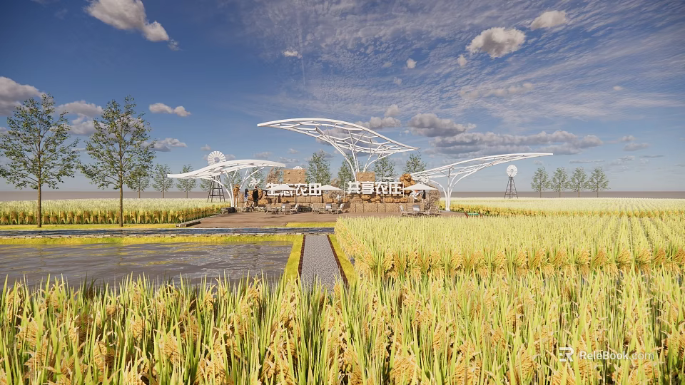 Rural Landscape with Golden Rice Fields White Modern Structure and Blue Sky 3d model 