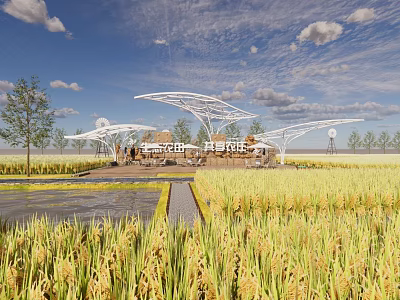 Rural Landscape with Golden Rice Fields White Modern Structure and Blue Sky 3d model