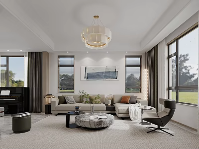 Elegant Modern Open Concept Living Dining Room With Sofa Chandelier Rug Piano And Artwork 3d model