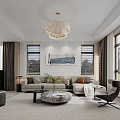 Elegant Modern Open Concept Living Dining Room With Sofa Chandelier Rug Piano And Artwork