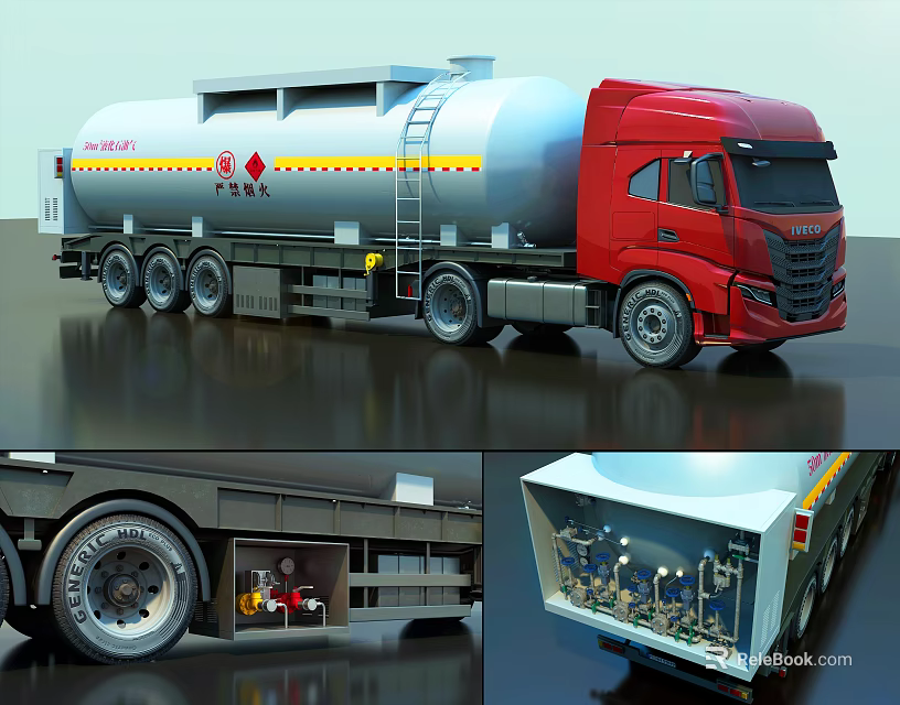 Red Cab Fuel Tank Truck With Silver Tank Yellow Stripes Safety Signs Ladder Multiple Wheels 3d model 