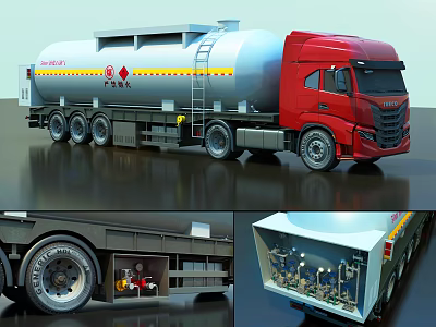 Red Cab Fuel Tank Truck With Silver Tank Yellow Stripes Safety Signs Ladder Multiple Wheels 3d model