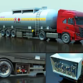 Red Cab Fuel Tank Truck With Silver Tank Yellow Stripes Safety Signs Ladder Multiple Wheels