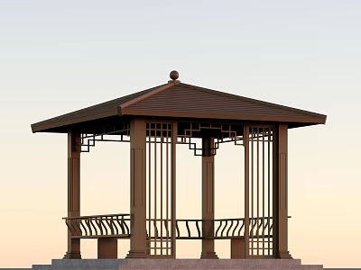 Traditional Chinese Garden Landscape With Hexagonal Pavilion Brown Roof Intricate Carved Pillars And Bench Seating 3d model