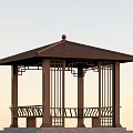 Traditional Chinese Garden Landscape With Hexagonal Pavilion Brown Roof Intricate Carved Pillars And Bench Seating