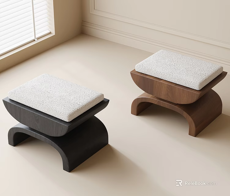 Black And Walnut Modern Stools With White Fleece Seat And Curved Wooden Base 3d model 