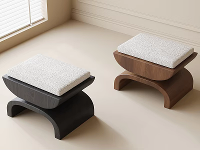 Black And Walnut Modern Stools With White Fleece Seat And Curved Wooden Base 3d model