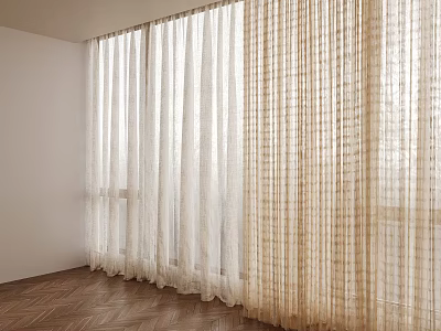 Light Filtering Sheer Curtains In White And Beige For Bright Room With Wooden Floor 3d model