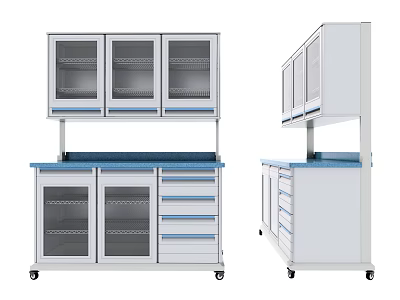 White Storage Cabinet with Glass Doors Drawers and Blue Countertop on Wheels 3d model