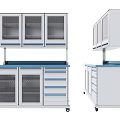 White Storage Cabinet with Glass Doors Drawers and Blue Countertop on Wheels