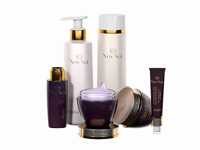 Elegant Perfume Cosmetics Collection Featuring White Purple Pump Jar And Tube Products Design 3d model