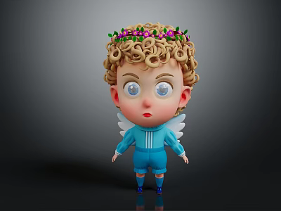 Cute Game Movie Character With Curly Hair Flower Crown And White Wings 3d model