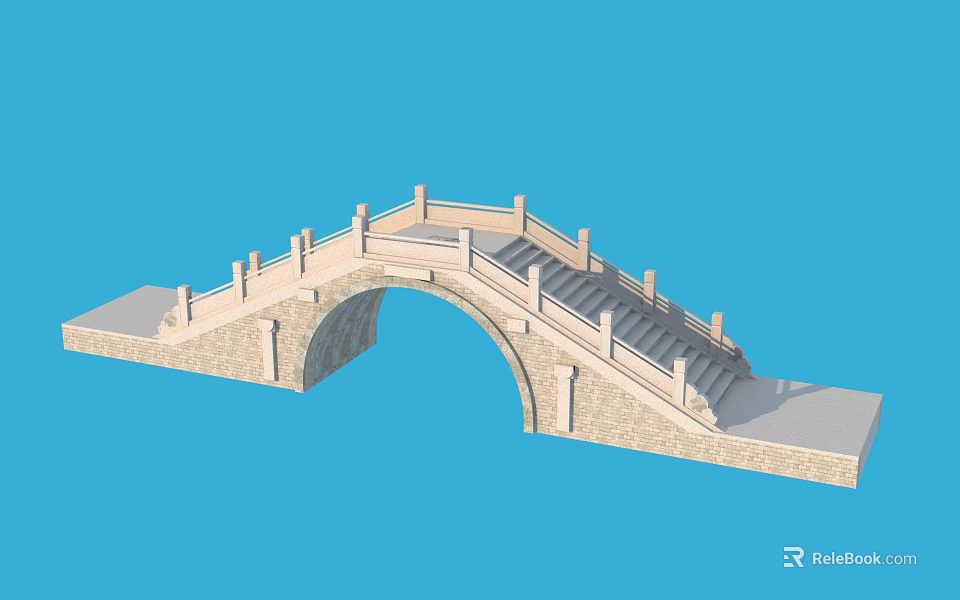 Traditional Stone Arch Bridge With Stone Steps And Balustrades Structure 3d model 