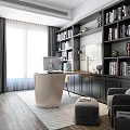 Modern Study Room Interior With Bookshelves Desk Computer And Comfortable Chair 3d model