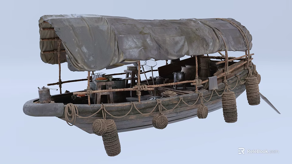 Traditional Wooden Boat With Canvas Cover And Ropes 3d model 