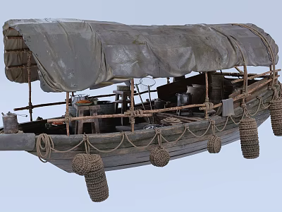 Traditional Wooden Boat With Canvas Cover And Ropes 3d model