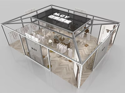 Modern Clothing Store Interior Featuring Glass Facade Clothing Racks And Herringbone Flooring 3d model