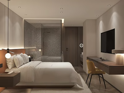 Elegant Modern Hotel Room With King Bed Wooden Desk Yellow Chair And Flat TV 3d model