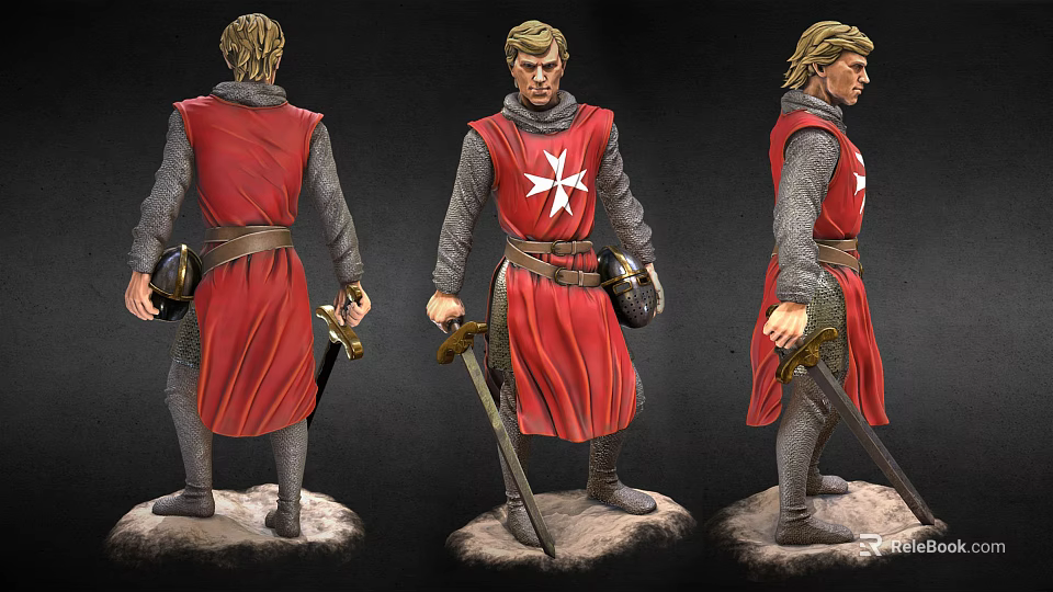 Detailed Medieval Warrior Figure With Red Cloak White Cross And Sword In Three Views 3d model 