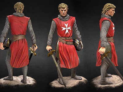 Detailed Medieval Warrior Figure With Red Cloak White Cross And Sword In Three Views 3d model