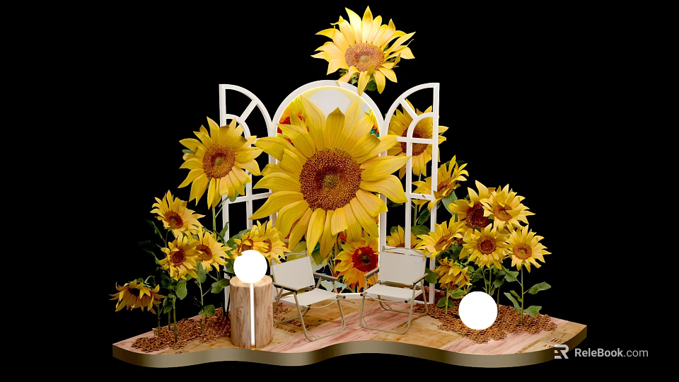 Sunflower Themed Photo Check In Spot With White Arch Chairs And Round Lights 3d model 