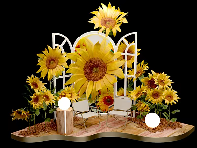 Sunflower Themed Photo Check In Spot With White Arch Chairs And Round Lights 3d model