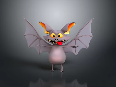 Cute Cartoon Bat With Big Yellow Eyes Orange Ears And Spread Wings 3d model