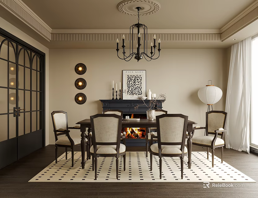 Elegant Restaurant Interior With Dining Table Chairs Fireplace Chandelier And Checkered Rug 3d model