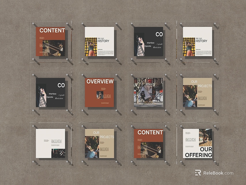 Photo Wall with Grid Layout Displaying Content Cards Featuring Overview CD and Offering Themes 3d model 