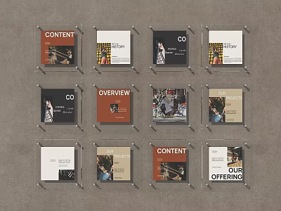 Photo Wall with Grid Layout Displaying Content Cards Featuring Overview CD and Offering Themes 3d model