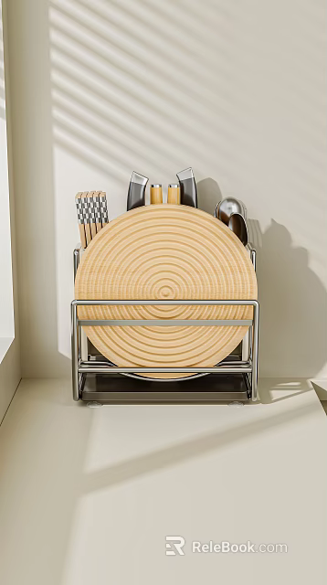Modern Kitchen Dish Rack With Wooden Plate And Cutlery 3d model 
