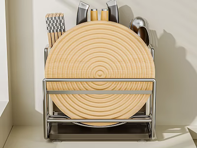 Modern Kitchen Dish Rack With Wooden Plate And Cutlery 3d model