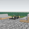 Outdoor Sofa with Wooden Frame and Gray Cushions in Garden Patio Setting with Coffee Table