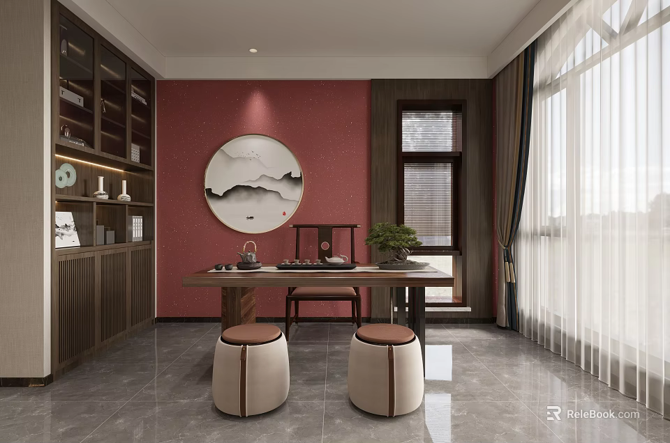 Traditional Chinese Style Tea Room With Tea Table Stools And Decor 3d model