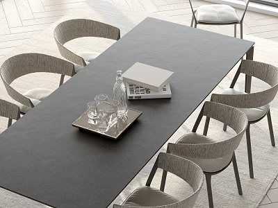 Modern Dining Table And Chair Set With Gray Woven Seats Black Top And Tray 3d model